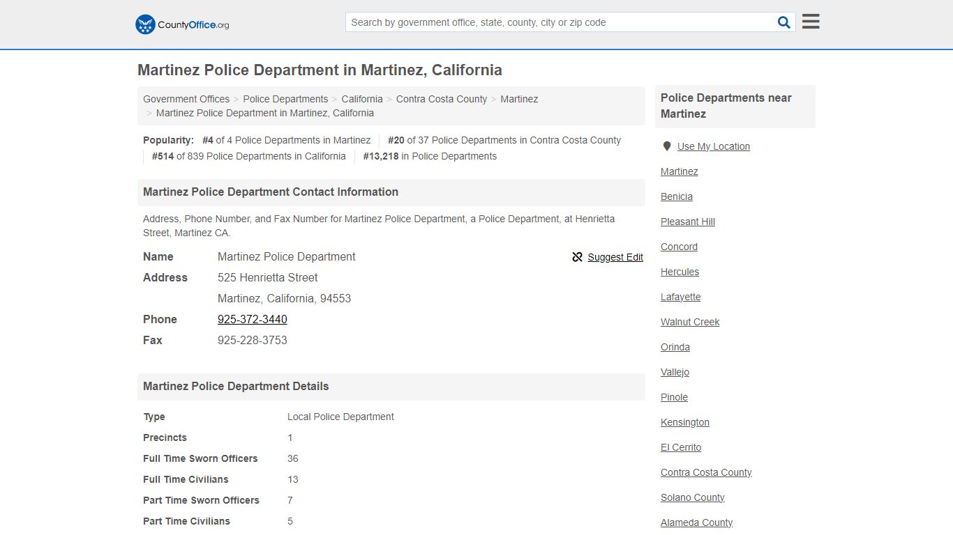 Martinez Police Department - Martinez, CA (Address, Phone, and Fax)