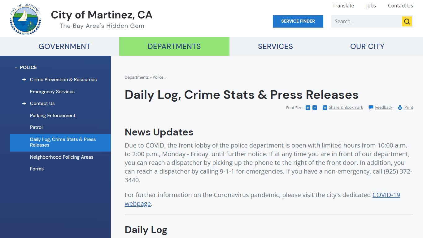 Daily Log, Crime Stats & Press Releases | Martinez, CA